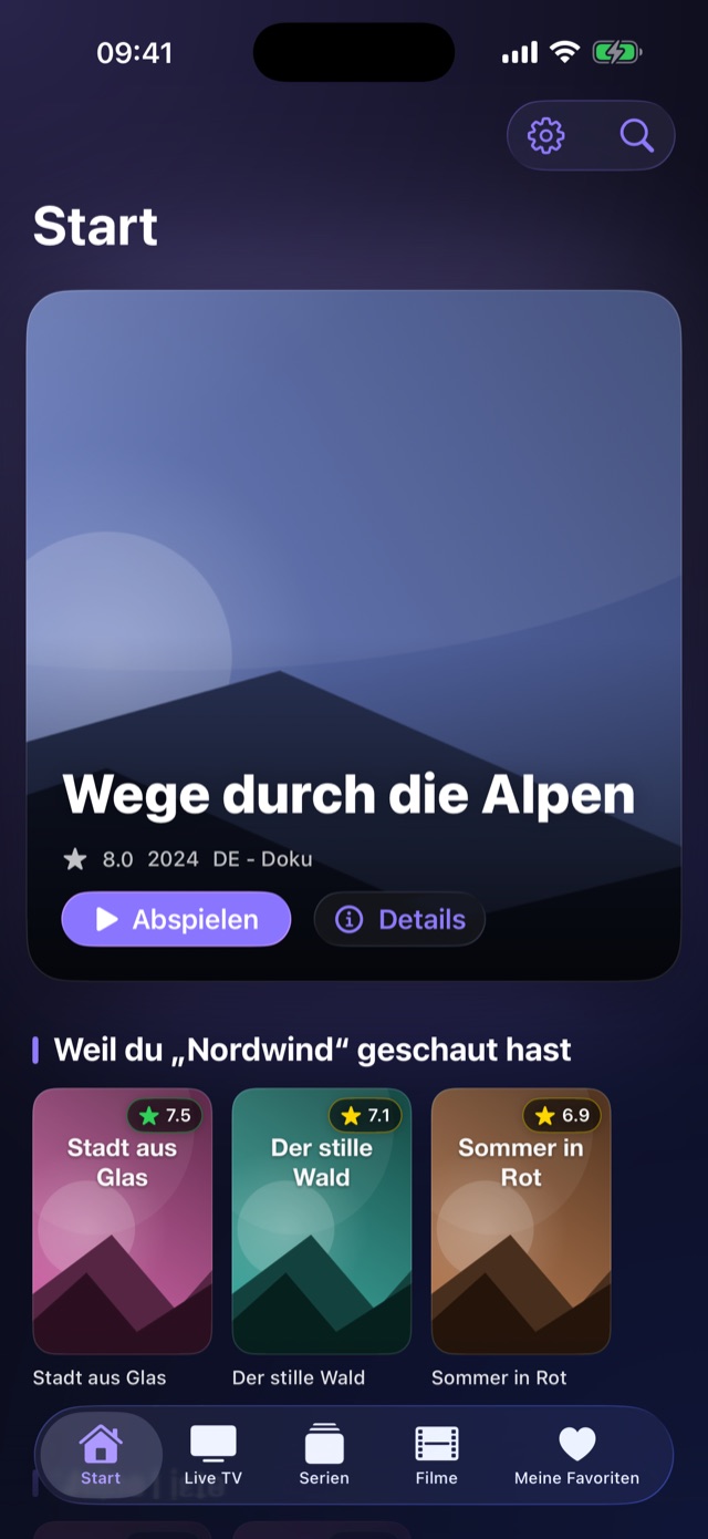 Die Startseite von GlassTV mit einem großen Vorschaubild und Empfehlungsregalen