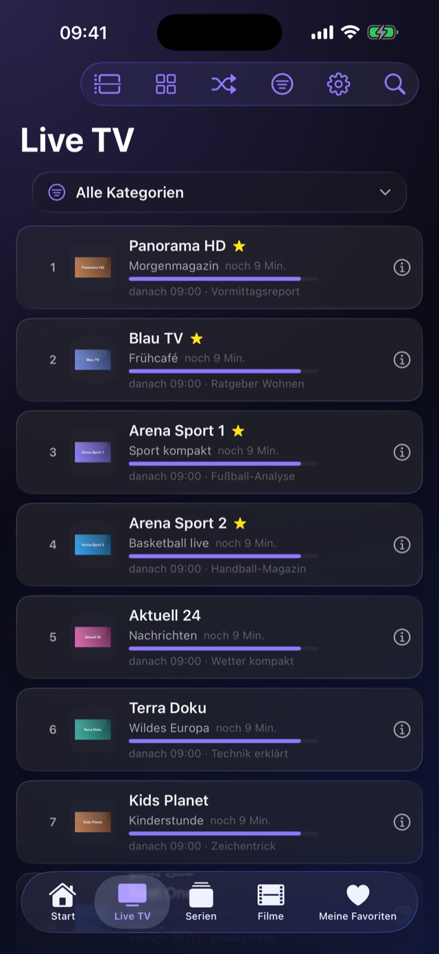Live-TV-Liste mit Sendern, laufender Sendung und Fortschrittsbalken