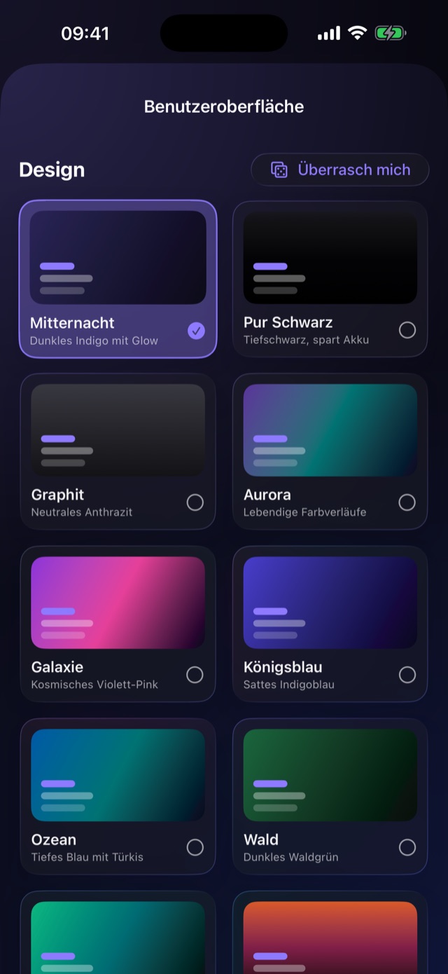 Design-Auswahl mit Vorschaukacheln und Akzentfarben